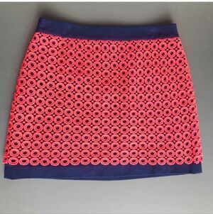 LOFT Mini Skirt Size 10 Blue Pink Brocade Lace Overlay Pencil Zip Back